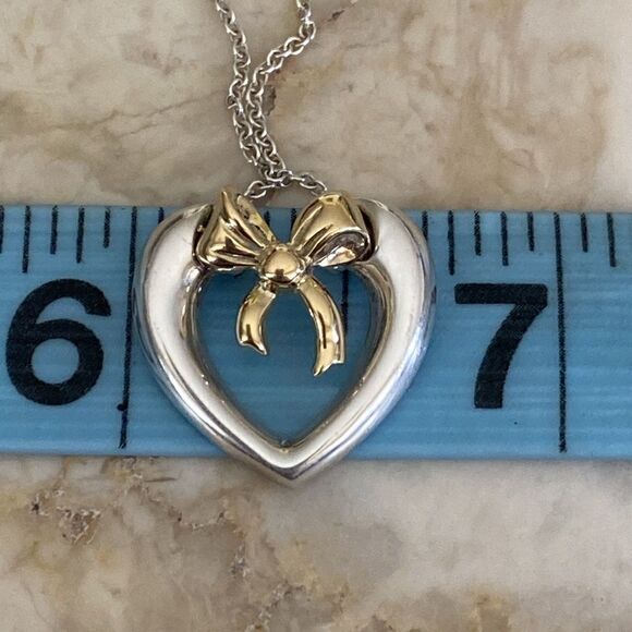 Tiffany & Co. 18K Gold & Sterling Silver Heart & Bow Ribbon Necklace - Picture 7 of 10